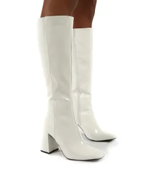 Apology White Patent Knee High Block Heel Boots