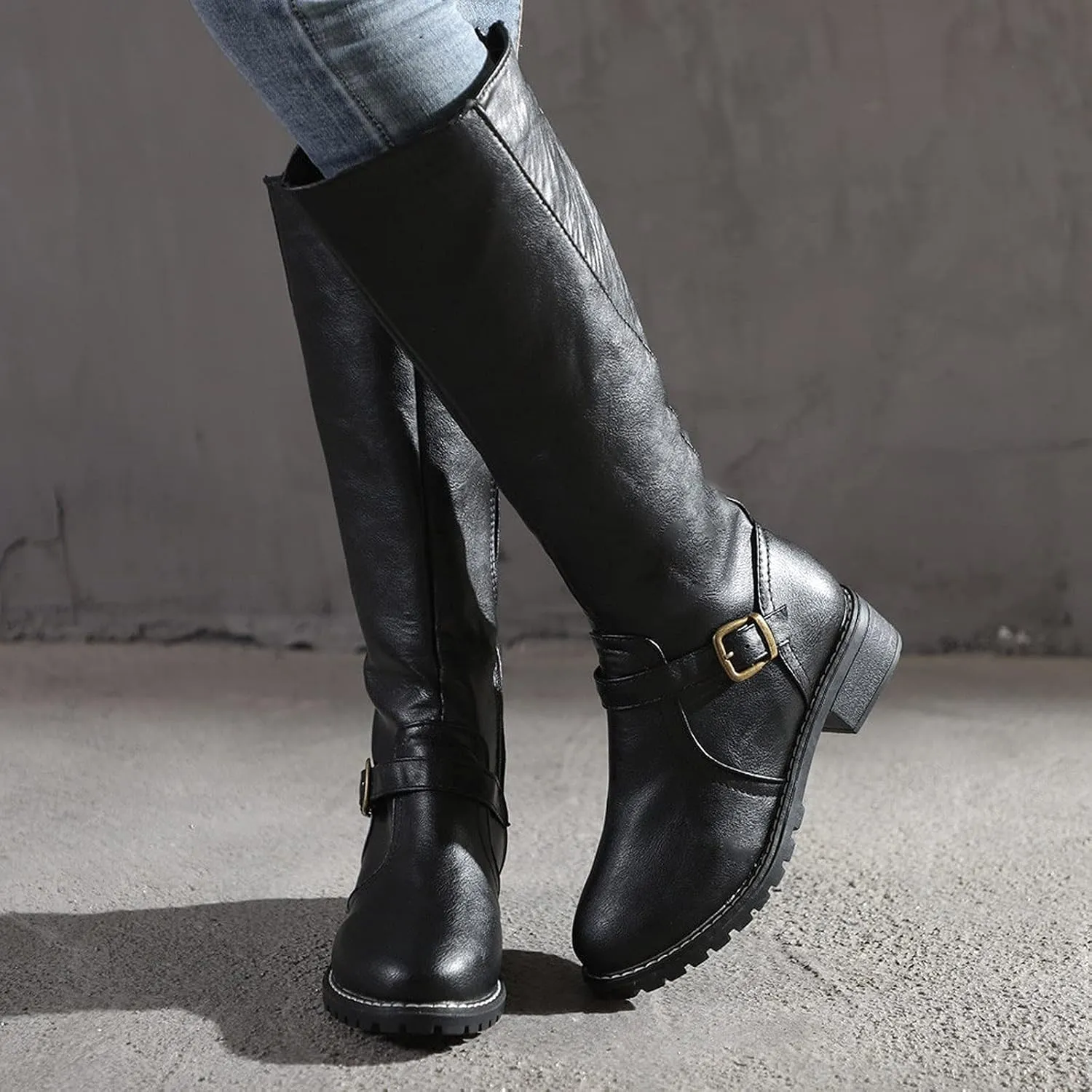 Bcshiye Women's Knee High Riding Boots Wide Calf Knee High Flat Low Heel Zipper Buckle Fashion Motorcycle Boots