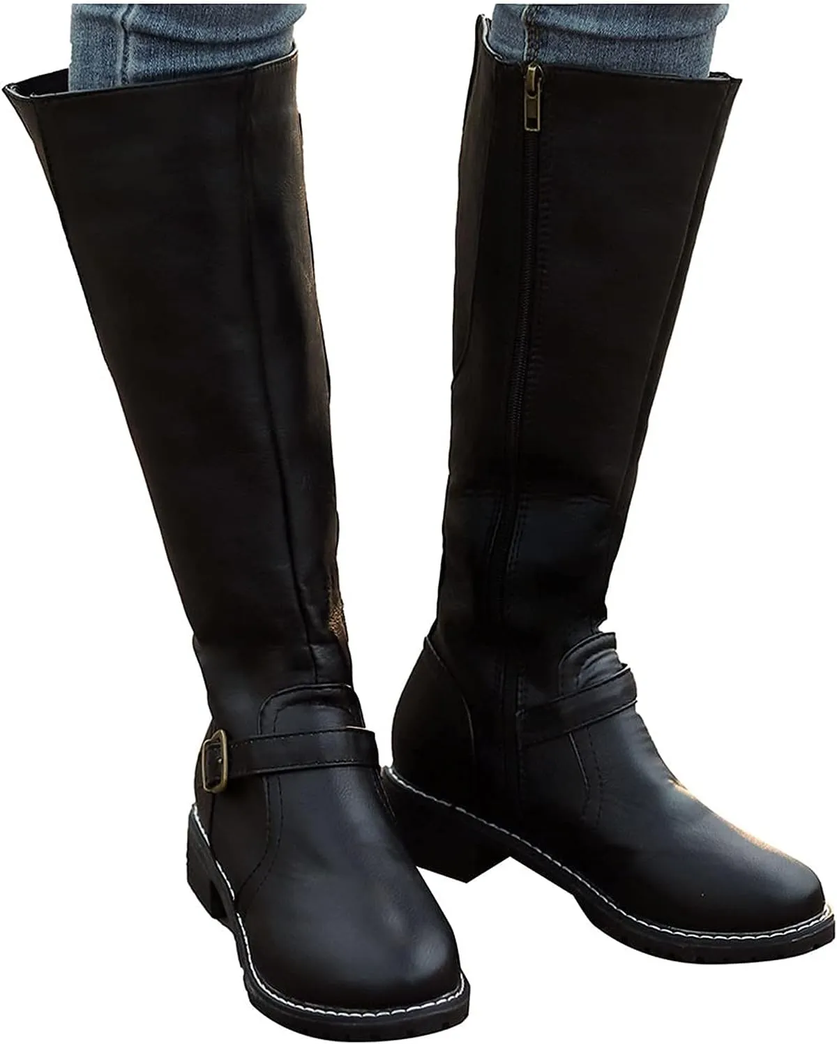 Bcshiye Women's Knee High Riding Boots Wide Calf Knee High Flat Low Heel Zipper Buckle Fashion Motorcycle Boots