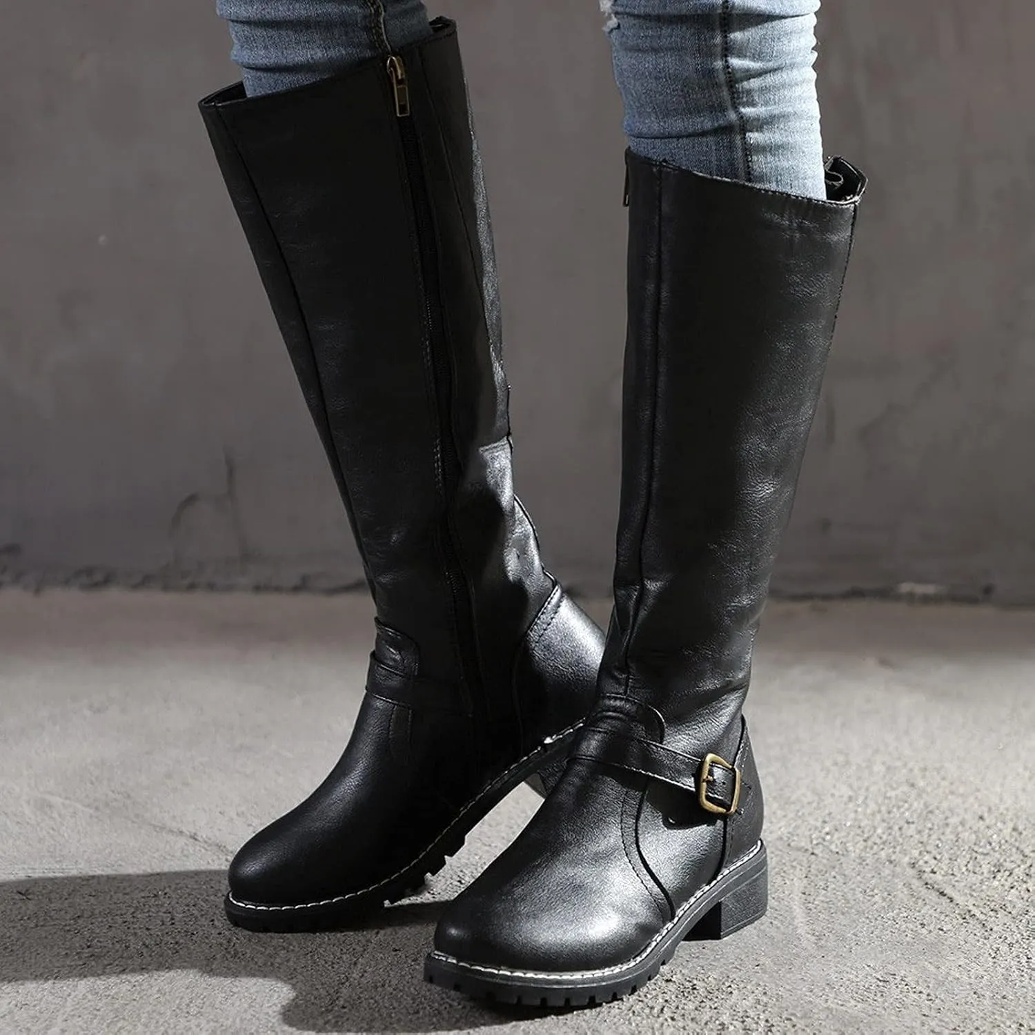 Bcshiye Women's Knee High Riding Boots Wide Calf Knee High Flat Low Heel Zipper Buckle Fashion Motorcycle Boots