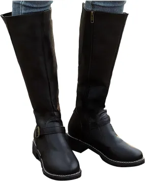Bcshiye Women's Knee High Riding Boots Wide Calf Knee High Flat Low Heel Zipper Buckle Fashion Motorcycle Boots