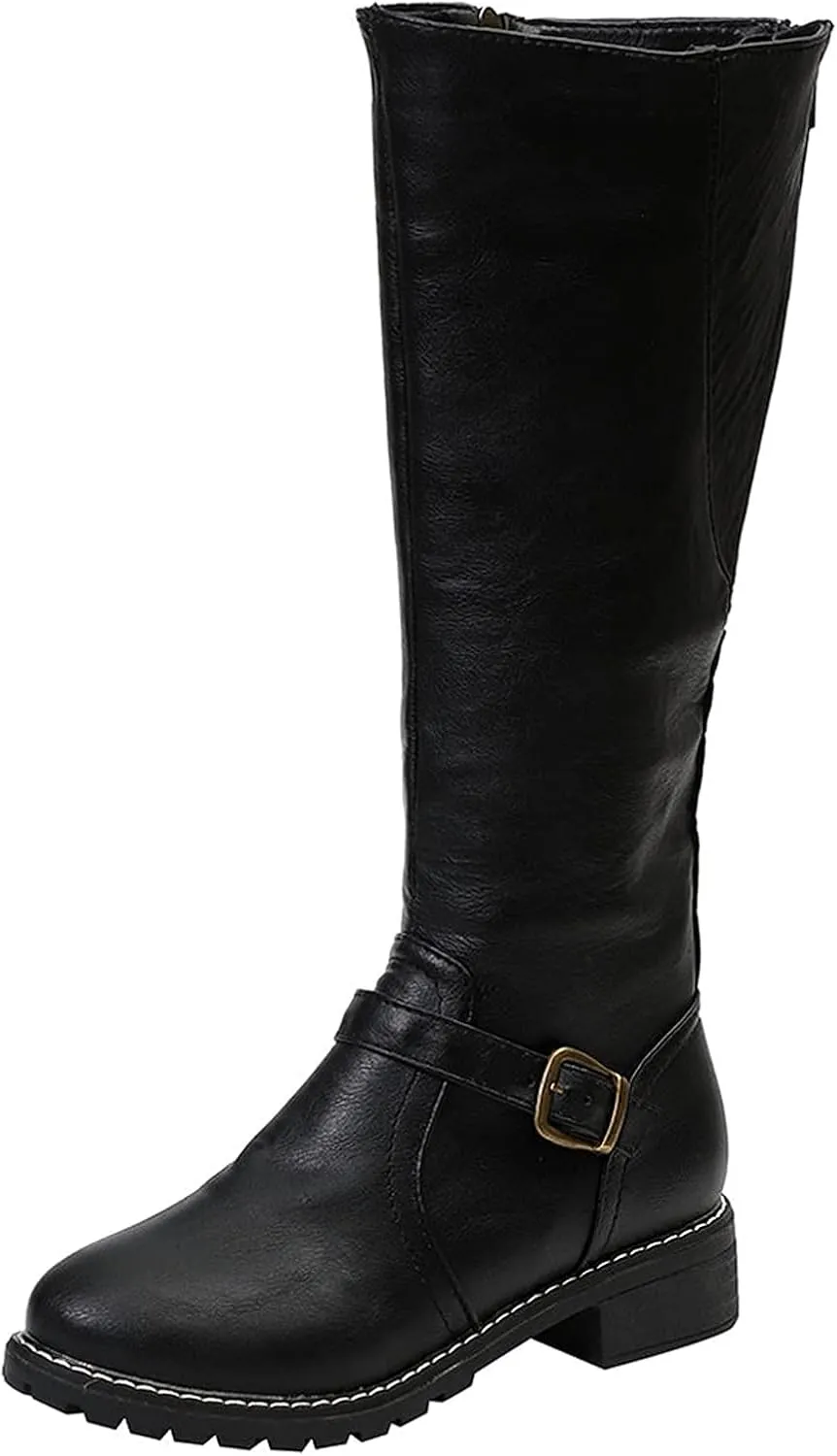 Bcshiye Women's Knee High Riding Boots Wide Calf Knee High Flat Low Heel Zipper Buckle Fashion Motorcycle Boots