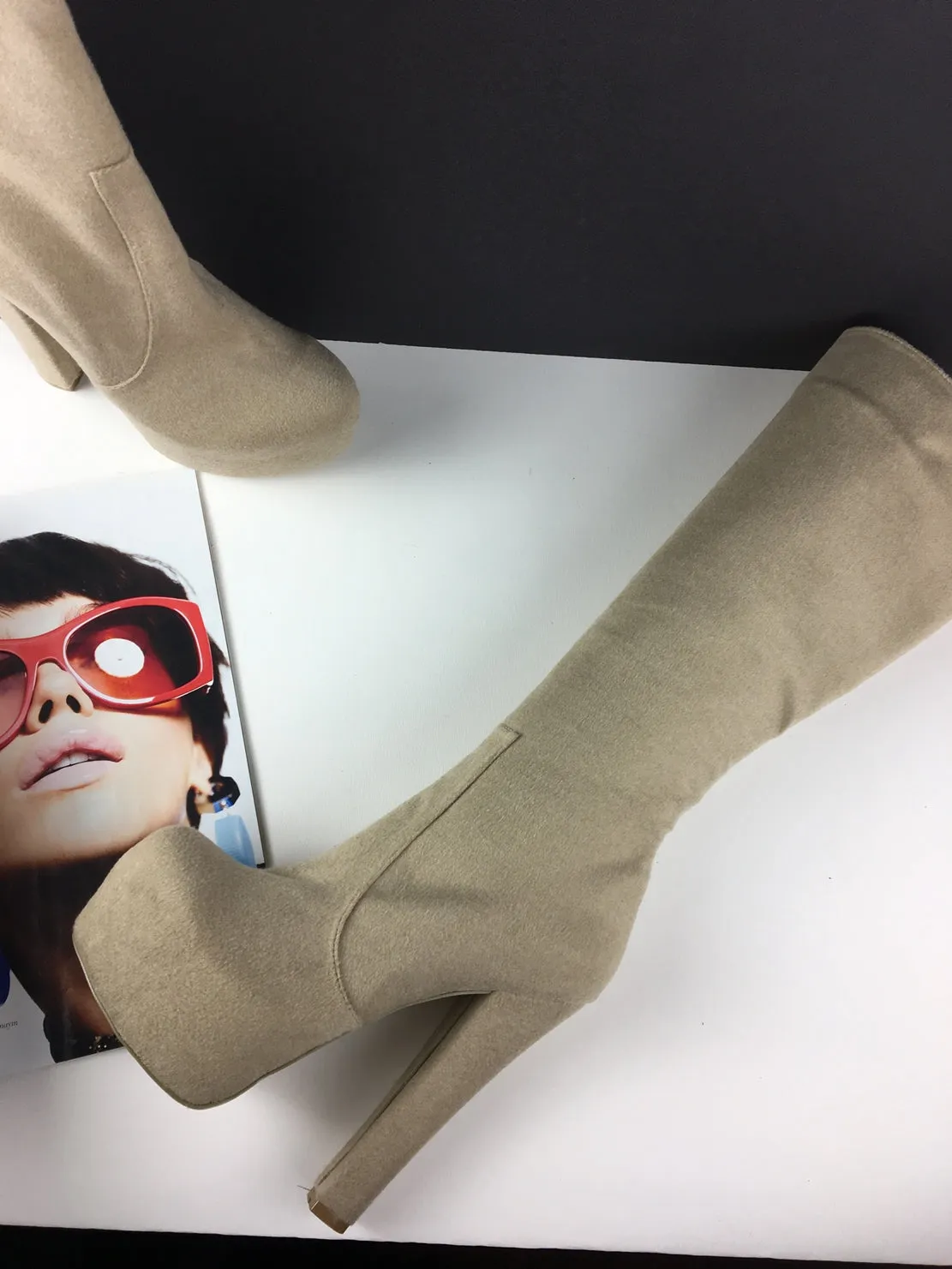 Beige Suede Mid Calf Chunky Heel Boots