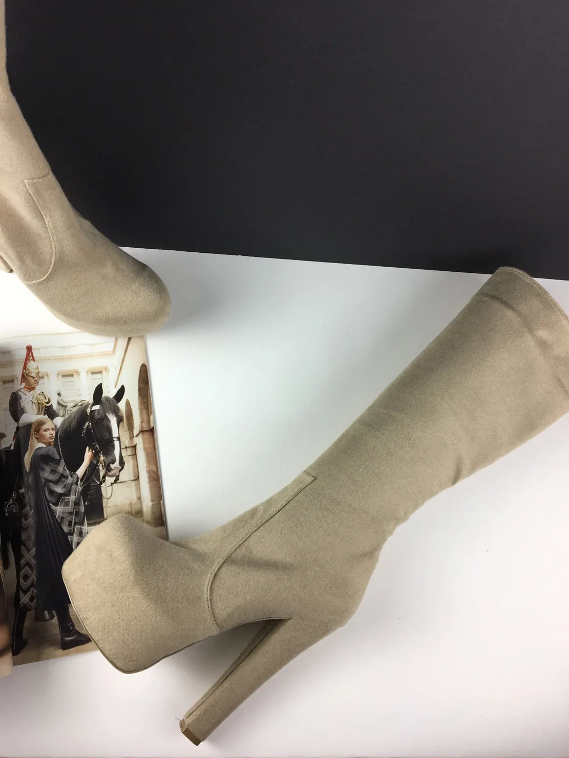 Beige Suede Mid Calf Chunky Heel Boots