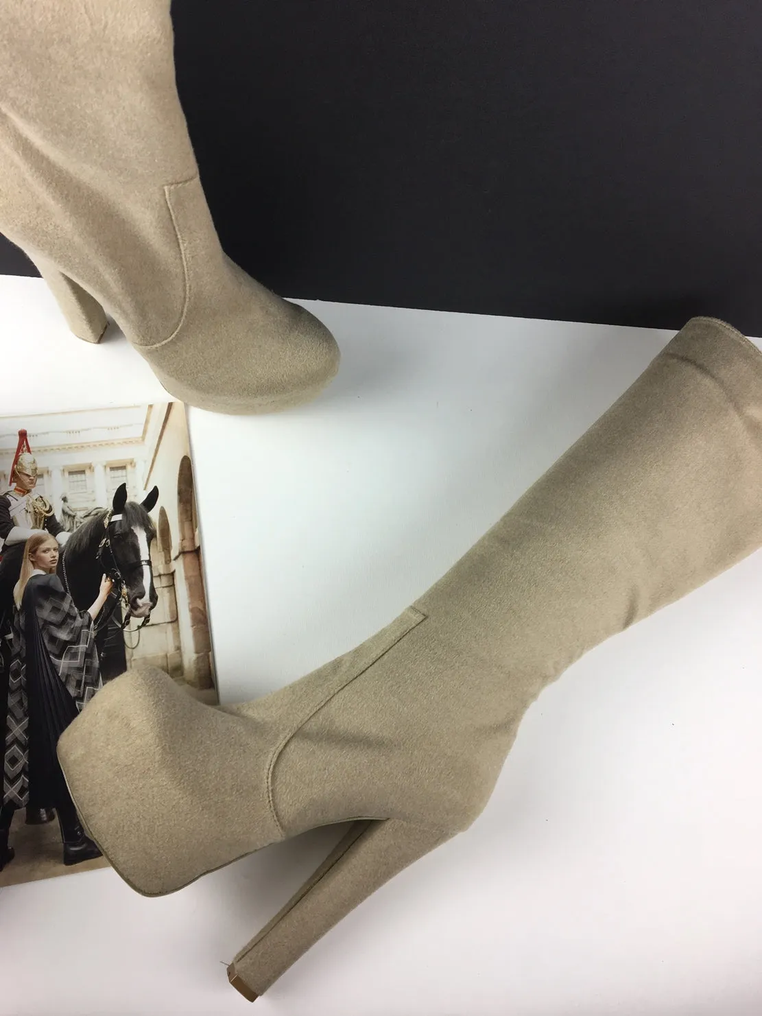 Beige Suede Mid Calf Chunky Heel Boots