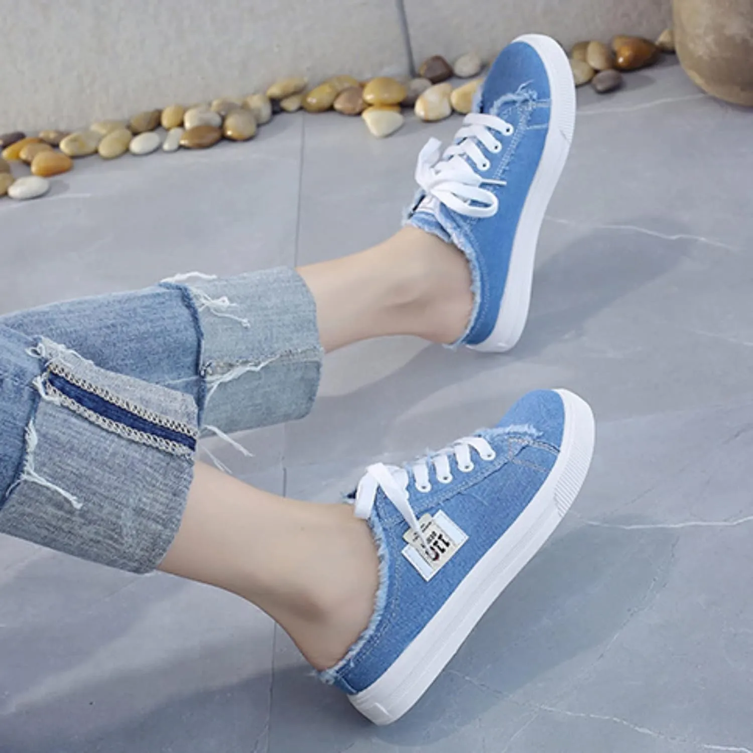 Canvas Shoes for Women Lace Up Slip on Sneakers Fashion Comfortable Solid Color Slippers Casual Shoes for Ladies
