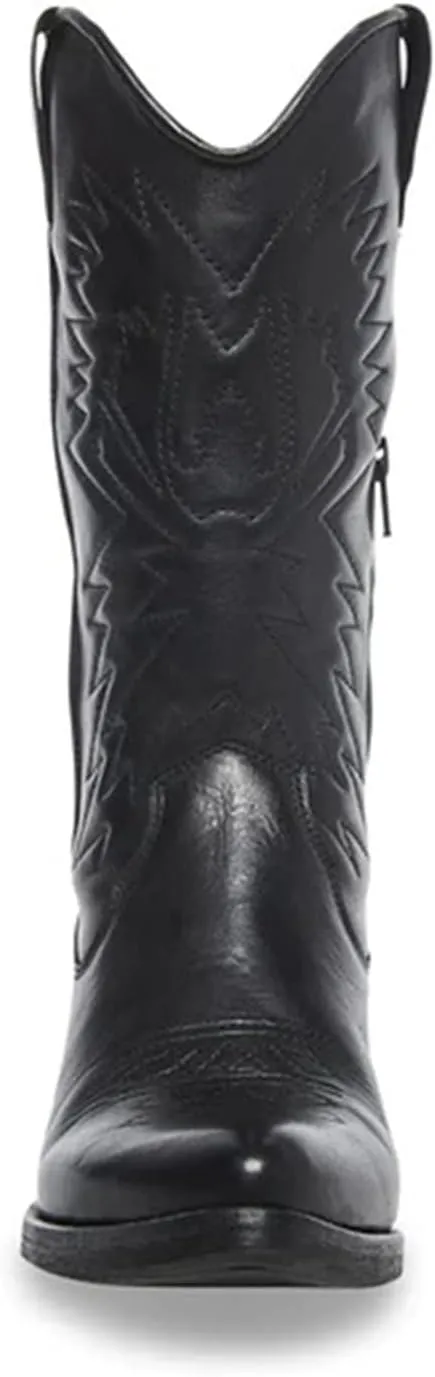 Cowboy Boots For Women Wide Calf Mid Calf Embroidered Pull On Cowgirl Boots Block Chunky Heel Western Riding Wedding Boots