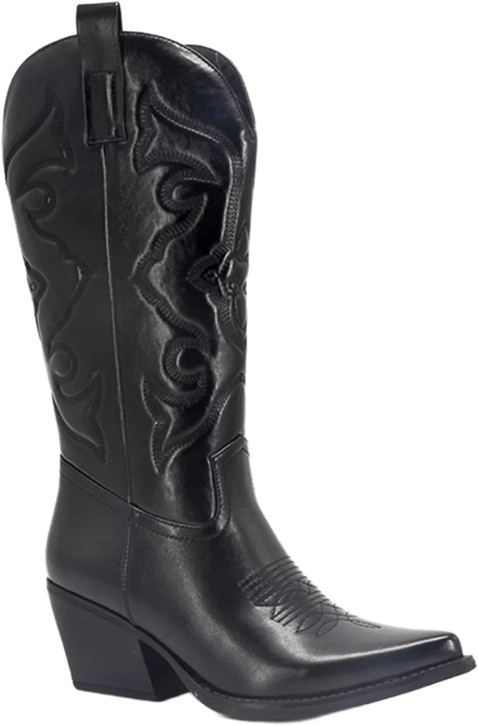 Cowboy Boots For Women Wide Calf Mid Calf Embroidered Pull On Cowgirl Boots Block Chunky Heel Western Riding Wedding Boots