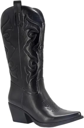 Cowboy Boots For Women Wide Calf Mid Calf Embroidered Pull On Cowgirl Boots Block Chunky Heel Western Riding Wedding Boots