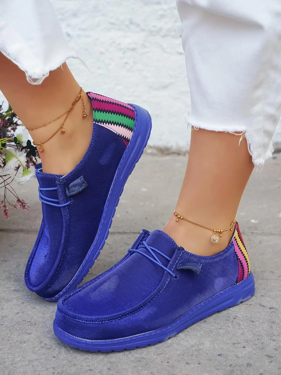 Dark Color Mesh Upper Canvas Loafers Elastic Strips Closure Slip-on Sneakers Casual Comfort Boat Shoes Ultralight Breathable Sports Shoes for Women/Men Adults/Teenagers, Couple Shoes, Blue/Grey/Rose