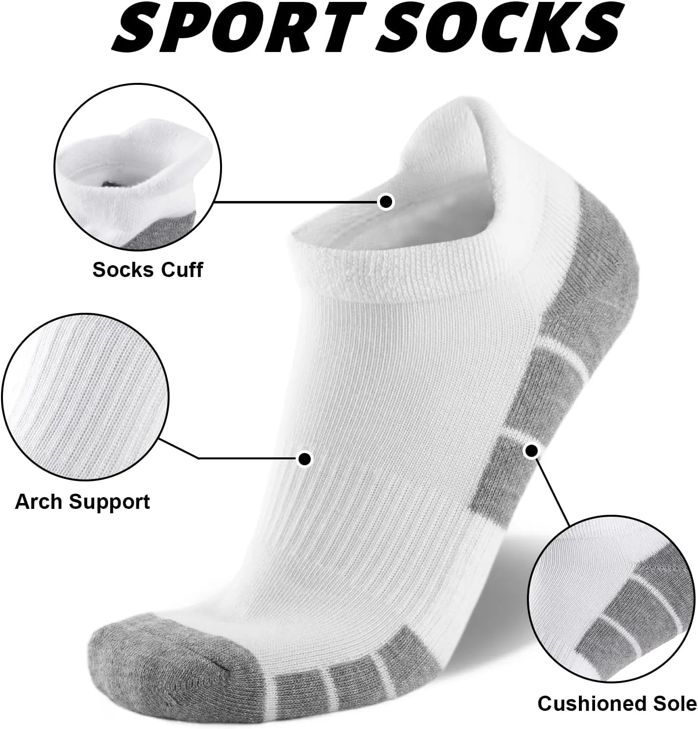 eallco Mens Ankle Socks Low Cut Athletic Cushioned Running Tab Socks 6 Pack