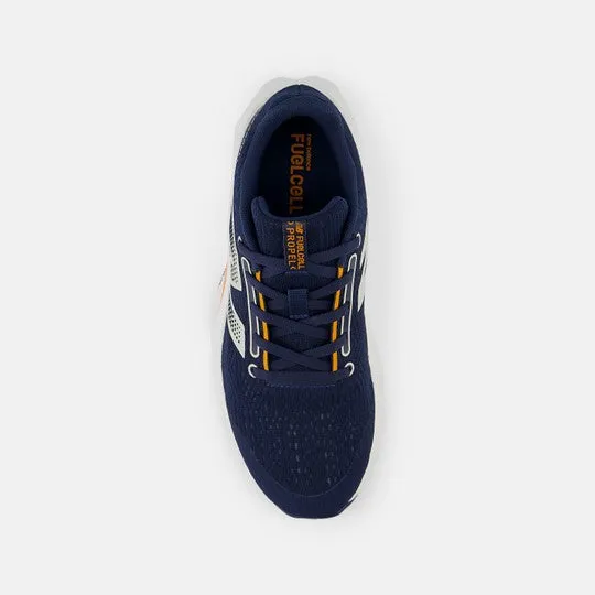 Kids FuelCell Propel v5 Running Shoe in NB Navy, Sun Glow, and Grey Matter Colors