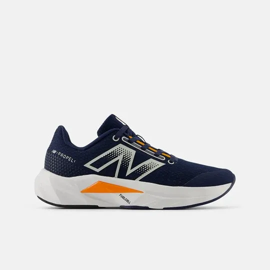 Kids FuelCell Propel v5 Running Shoe in NB Navy, Sun Glow, and Grey Matter Colors