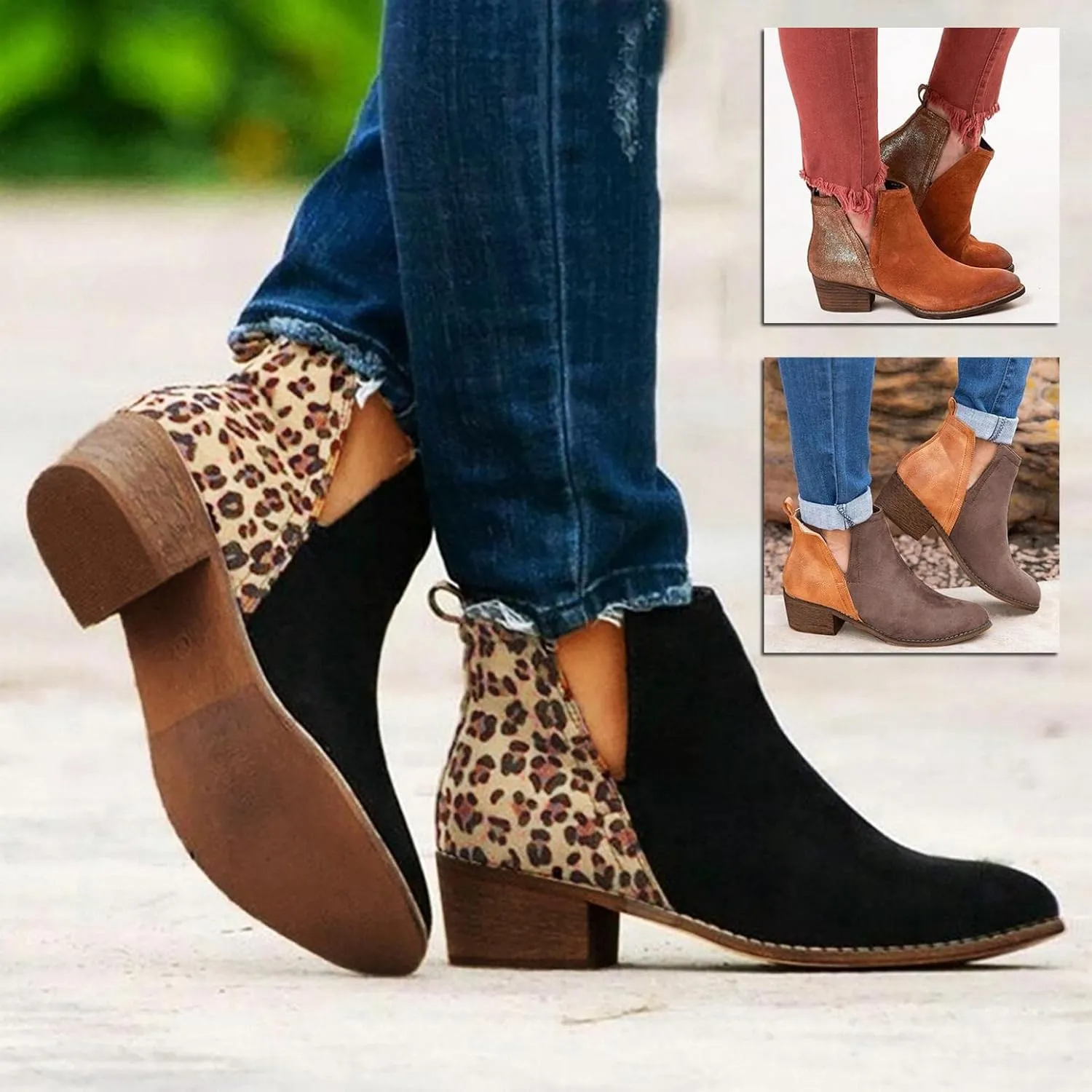 Gibobby Ankle Booties for Women Flat,Hollow Ankle Boots Low Chunky Block Stacked Heel Boots Slip On Pointed Toe Western Shoes