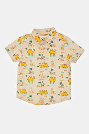 Infant Boys Beige And White Printed Shirt Set (2 Piece)