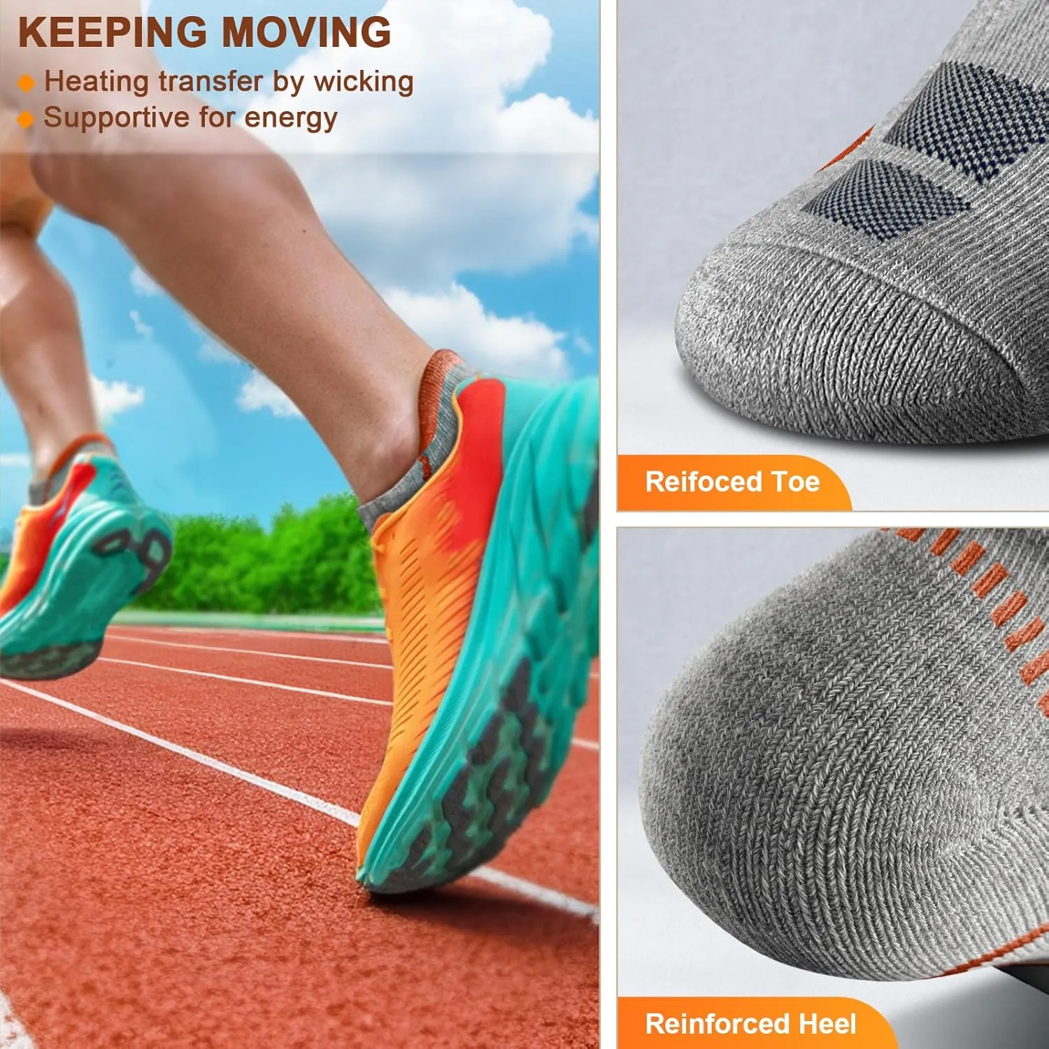 KEMISANT Mens Running Socks 6 Pairs-Athletic Compression Ankle Socks Cushioned for Men Walking-Arch Compression Support