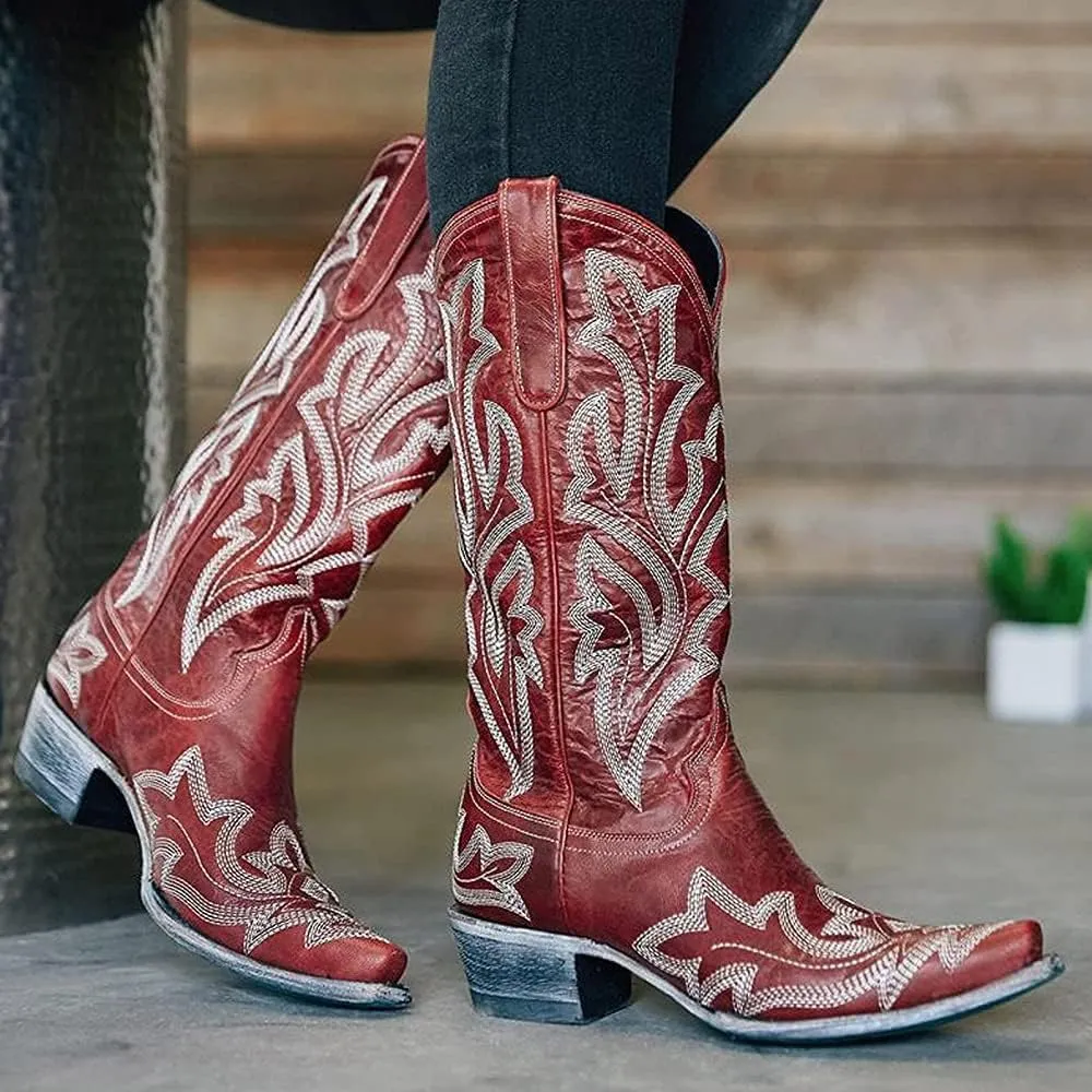 Ladmiple Cowboy Boots For Women Knee High Wide Calf Embroidered Western Boots Chunky Heel Fashion Classic Boot Pull-On