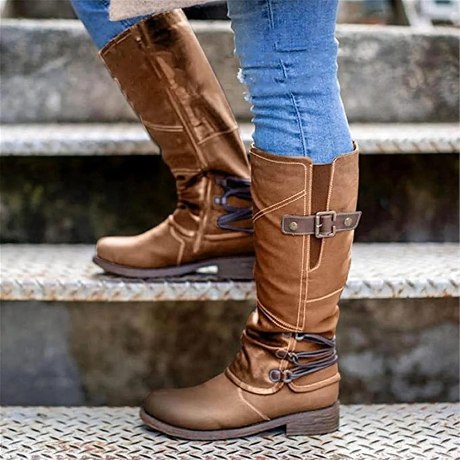 Lausiuoe Boots For Women Low Heel Mid Calf Comfortable Winter Boots Side Zip Slouchy Western Cowboy Warm Non Slip Outdoor Shoes