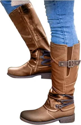 Lausiuoe Boots For Women Low Heel Mid Calf Comfortable Winter Boots Side Zip Slouchy Western Cowboy Warm Non Slip Outdoor Shoes