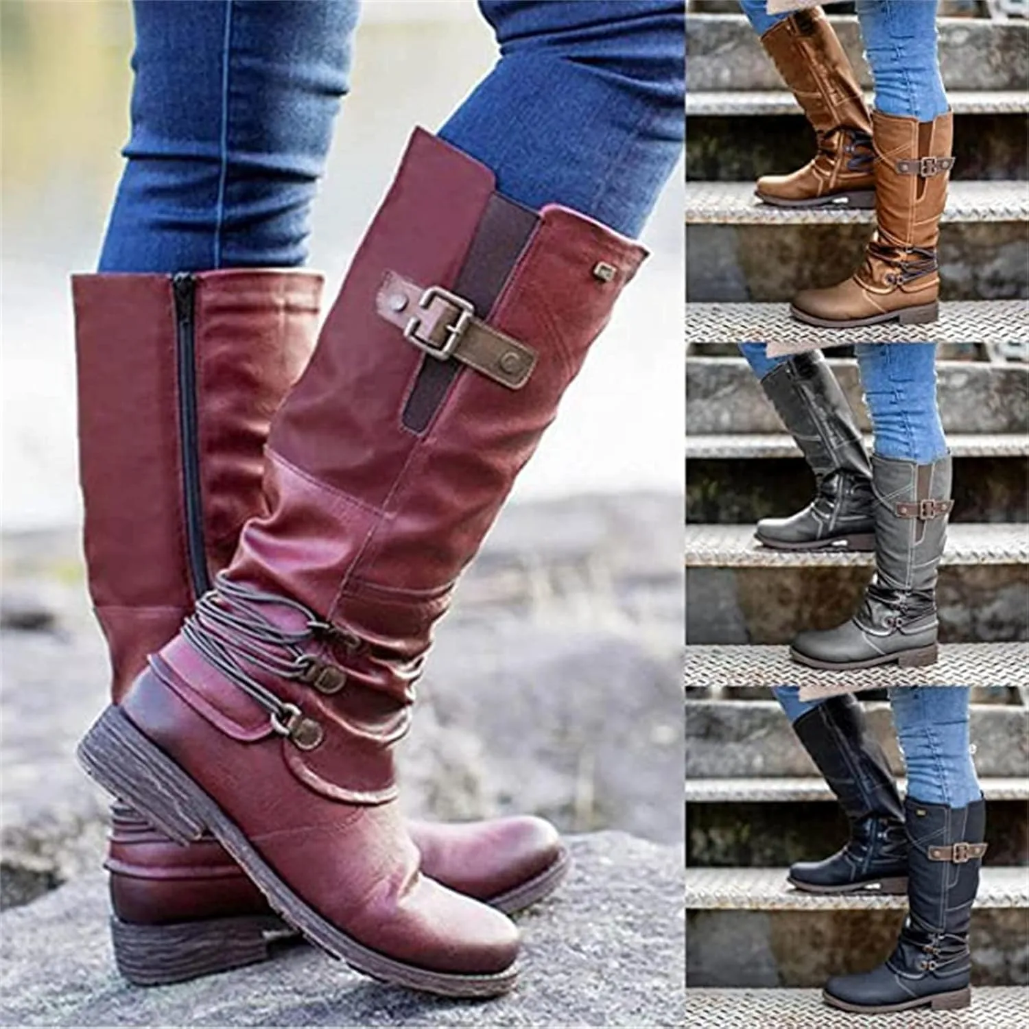 Lausiuoe Boots For Women Low Heel Mid Calf Comfortable Winter Boots Side Zip Slouchy Western Cowboy Warm Non Slip Outdoor Shoes