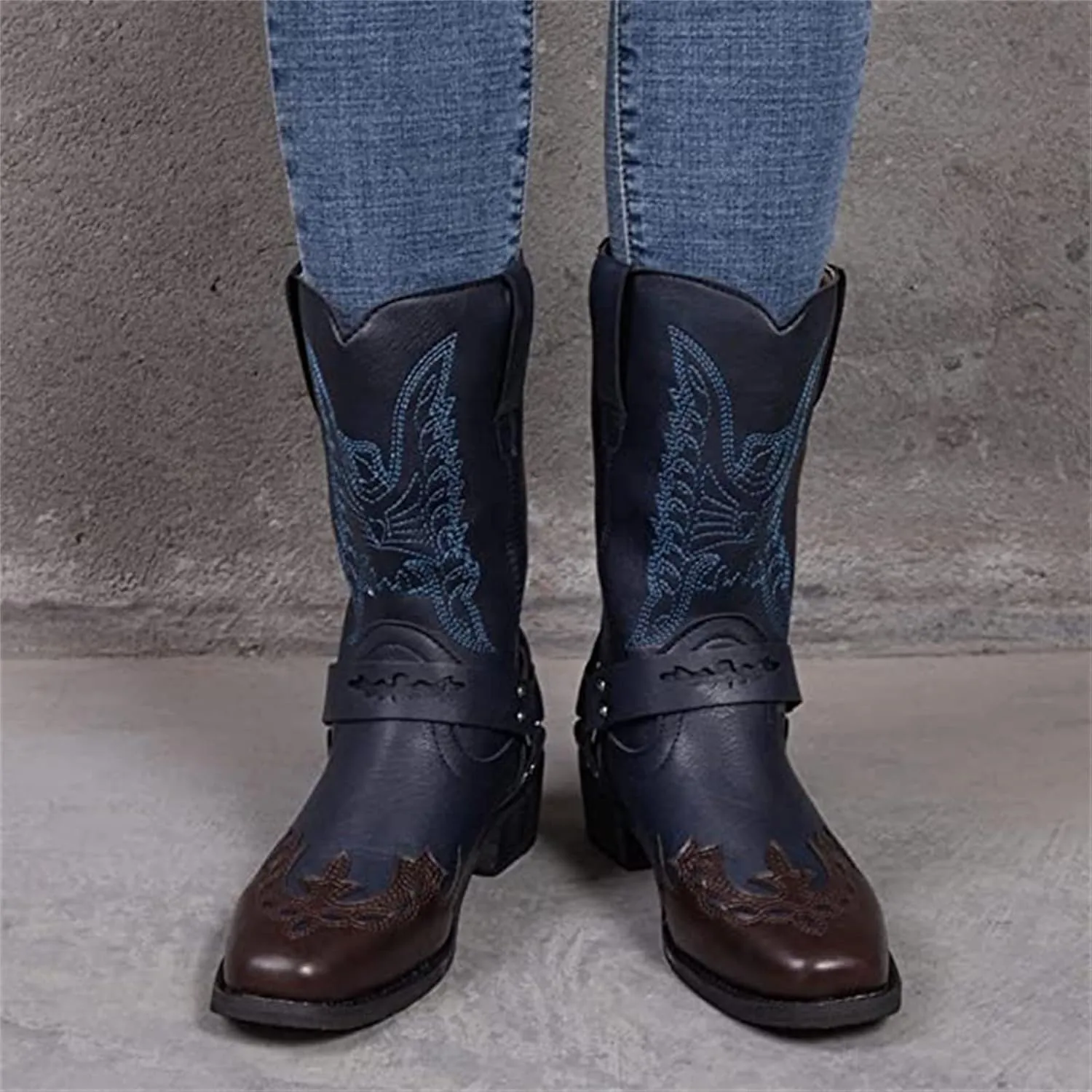 Lausiuoe Boots For Women Low Heel Sexy Cowboy Boots Western Cowgirl Fashion Knee High Embroidered Chunky Heel Booties