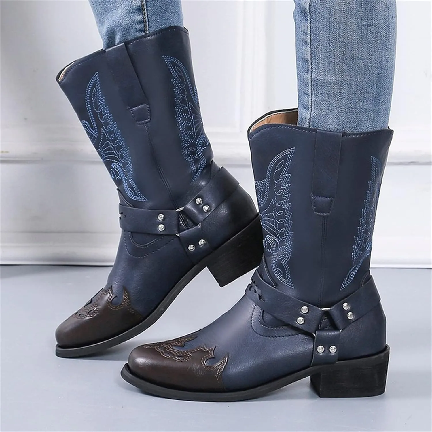 Lausiuoe Boots For Women Low Heel Sexy Cowboy Boots Western Cowgirl Fashion Knee High Embroidered Chunky Heel Booties