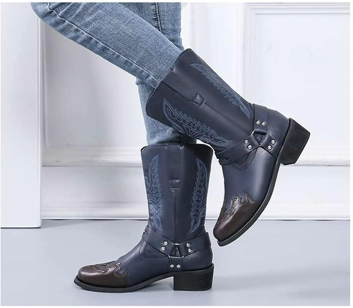 Lausiuoe Boots For Women Low Heel Sexy Cowboy Boots Western Cowgirl Fashion Knee High Embroidered Chunky Heel Booties