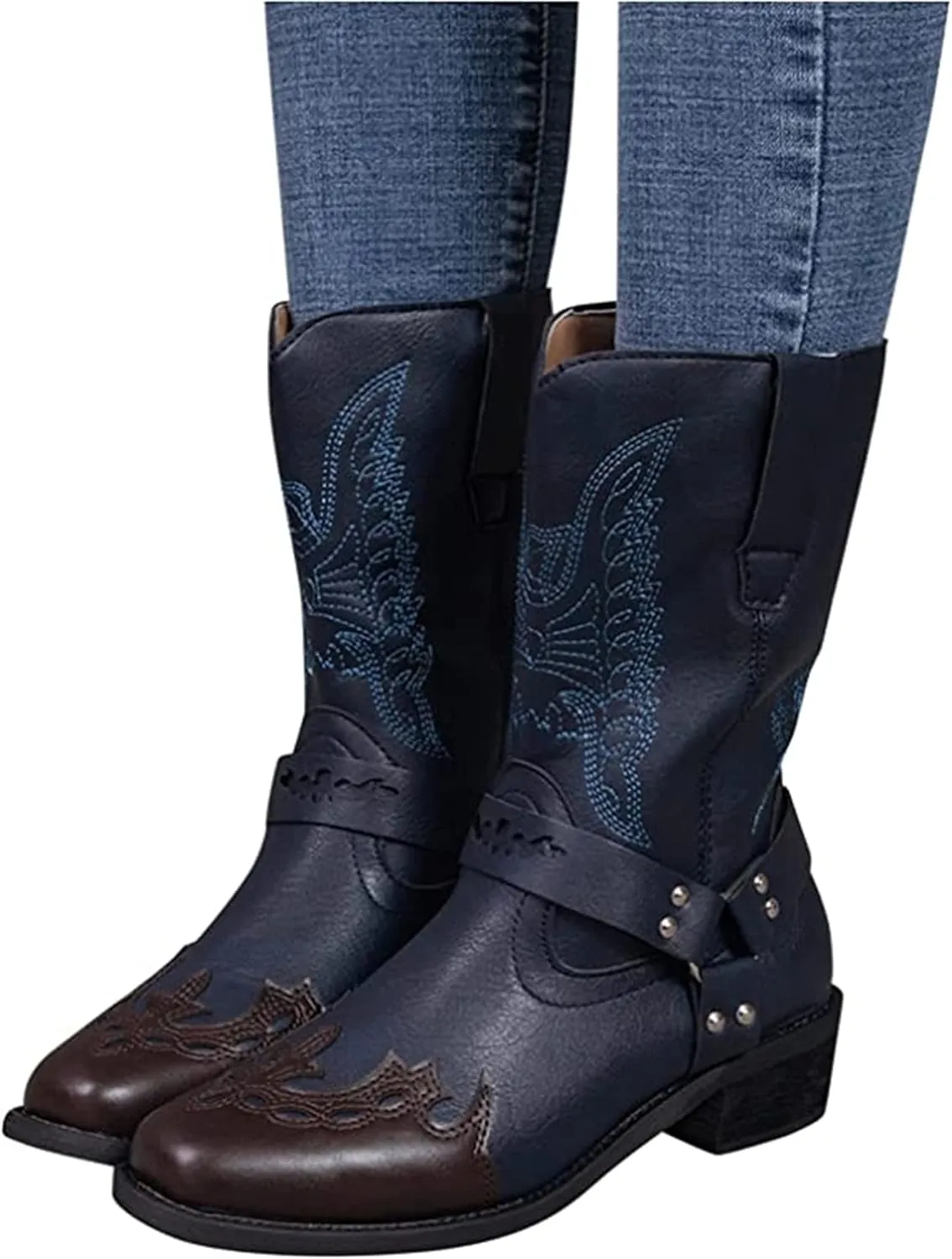 Lausiuoe Boots For Women Low Heel Sexy Cowboy Boots Western Cowgirl Fashion Knee High Embroidered Chunky Heel Booties