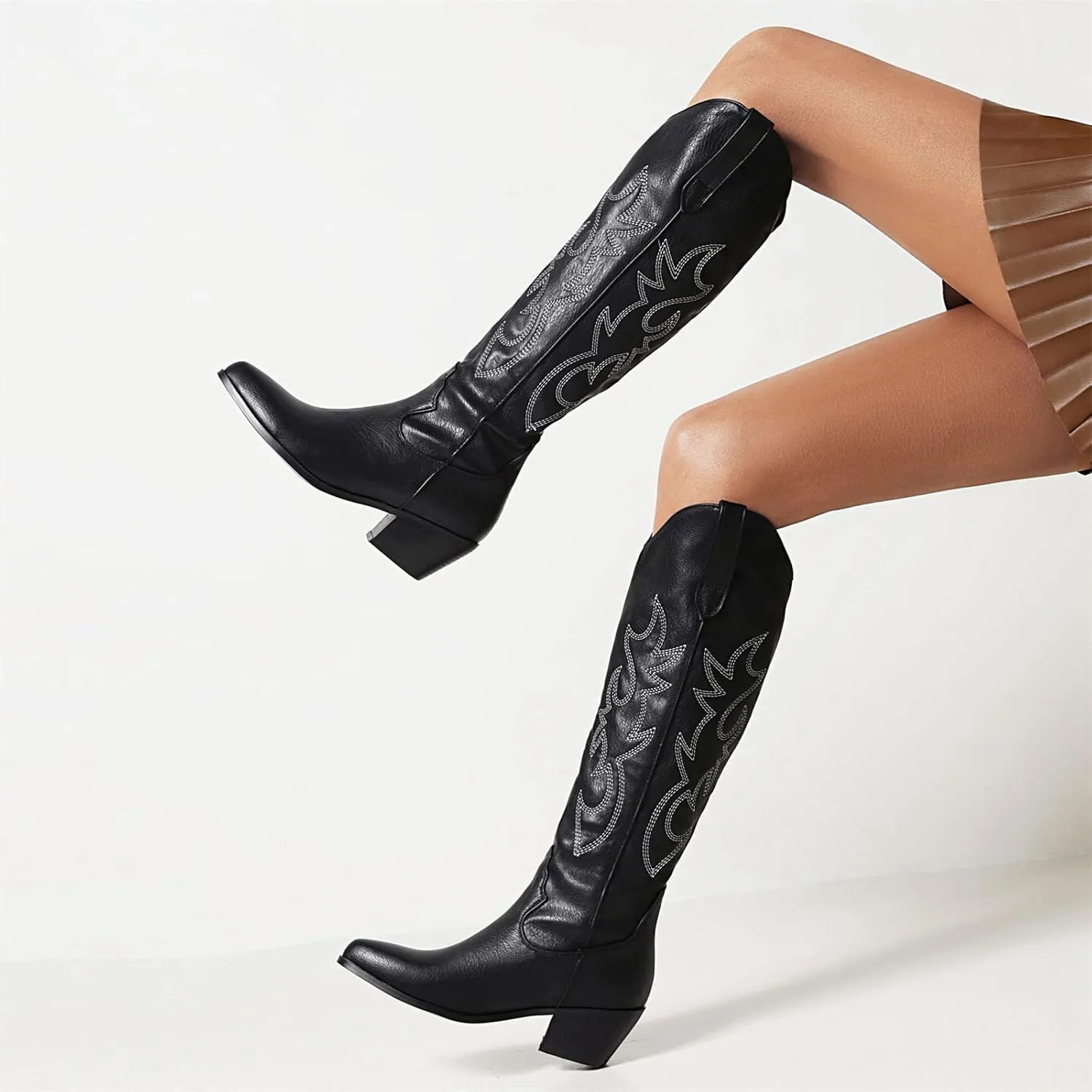 Lausiuoe Cowboy Boots For Women Knee High Wide Calf Embroidered Cowgirl Western Boots Pointed Toe Fashion Chunky Booties