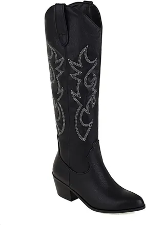 Lausiuoe Cowboy Boots For Women Knee High Wide Calf Embroidered Cowgirl Western Boots Pointed Toe Fashion Chunky Booties