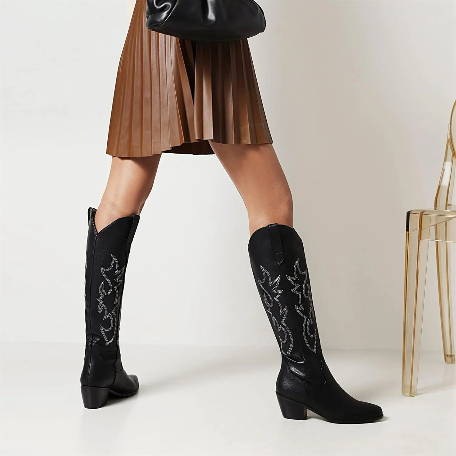 Lausiuoe Cowboy Boots For Women Knee High Wide Calf Embroidered Cowgirl Western Boots Pointed Toe Fashion Chunky Booties