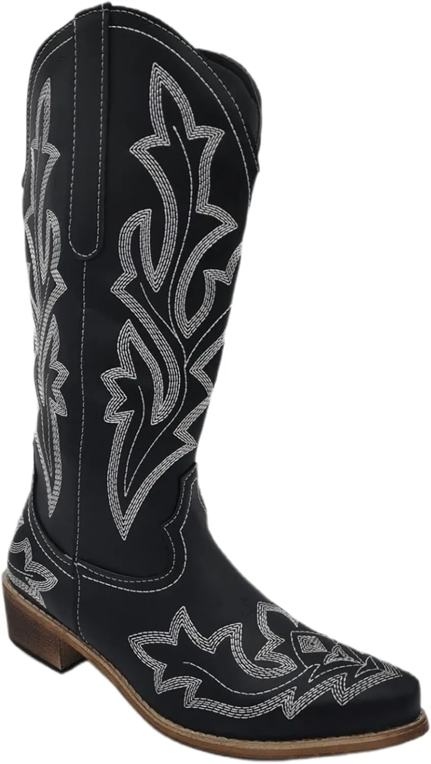 Lausiuoe Cowboy Boots For Women Wide Calf Wide Foot Cowgirl Western Boots Embroidery Low Heel Knee High Chunky Heel Boot