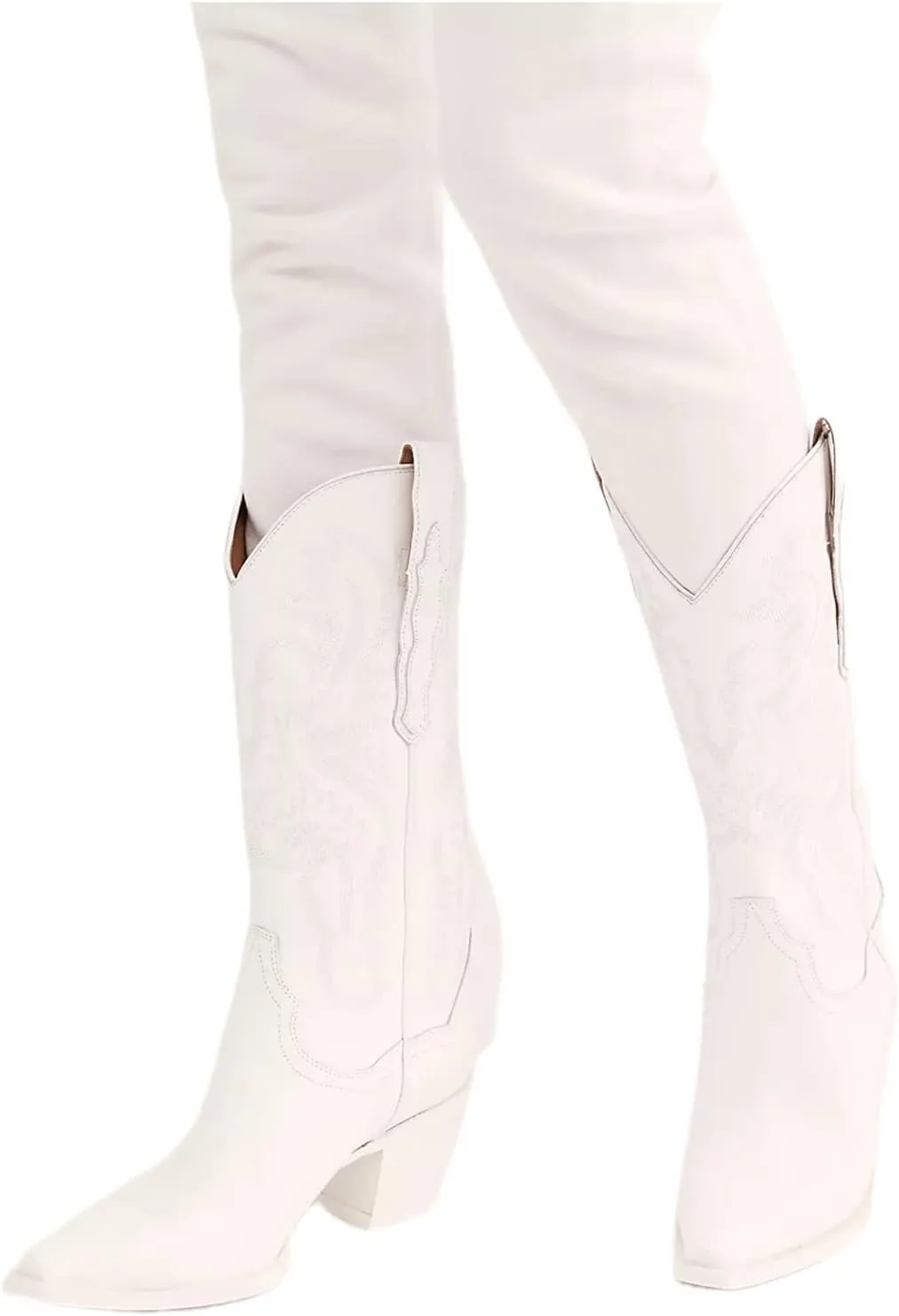 Lausiuoe Cowboy Boots For Women Wide Calf Wide Foot Embroidered Pull-On Chunky Heel Cowgirl Knee High Western Boots
