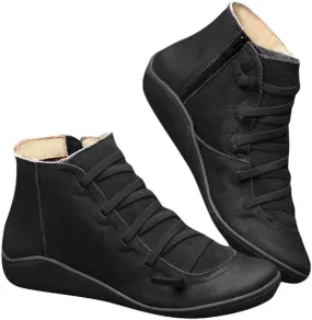 Leather Ankle Boots Comfortable Boots for Women Retro Round Toe Lace up Flat Short Boots No Heel Lightweight Comfy