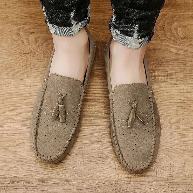 Loafers for Men Round Toe Nubuck Leather with Tassel Loafer Slip Resistant Flat Heel Anti-Slip Outdoor Wedding Slip-on