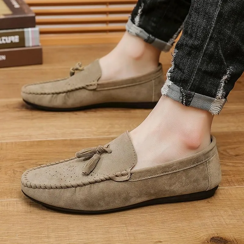 Loafers for Men Round Toe Nubuck Leather with Tassel Loafer Slip Resistant Flat Heel Anti-Slip Outdoor Wedding Slip-on