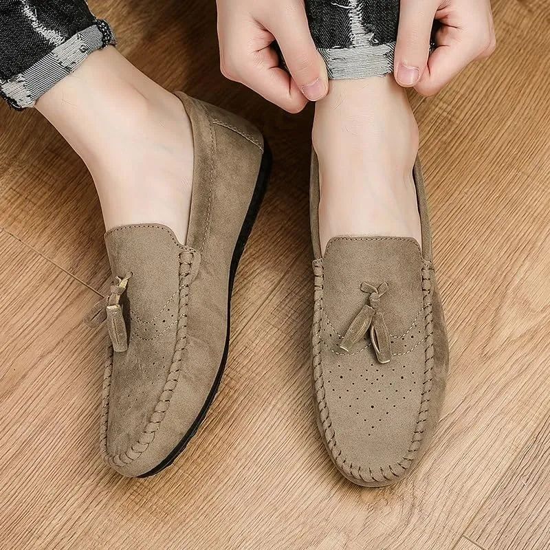 Loafers for Men Round Toe Nubuck Leather with Tassel Loafer Slip Resistant Flat Heel Anti-Slip Outdoor Wedding Slip-on