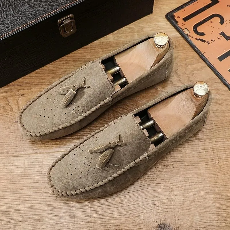 Loafers for Men Round Toe Nubuck Leather with Tassel Loafer Slip Resistant Flat Heel Anti-Slip Outdoor Wedding Slip-on