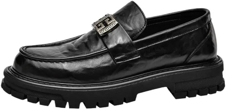 Men's Leather Loafers with Medallion Detail Ornate Metal Embellishment on Vamp for Fraternity Events and Graduation Ceremonies