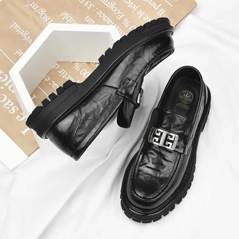 Men's Leather Loafers with Medallion Detail Ornate Metal Embellishment on Vamp for Fraternity Events and Graduation Ceremonies