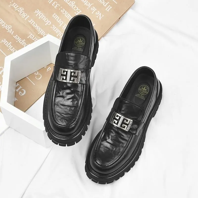 Men's Leather Loafers with Medallion Detail Ornate Metal Embellishment on Vamp for Fraternity Events and Graduation Ceremonies