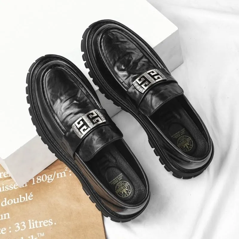 Men's Leather Loafers with Medallion Detail Ornate Metal Embellishment on Vamp for Fraternity Events and Graduation Ceremonies