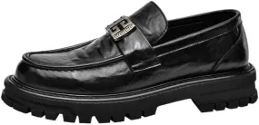 Men's Leather Loafers with Medallion Detail Ornate Metal Embellishment on Vamp for Fraternity Events and Graduation Ceremonies