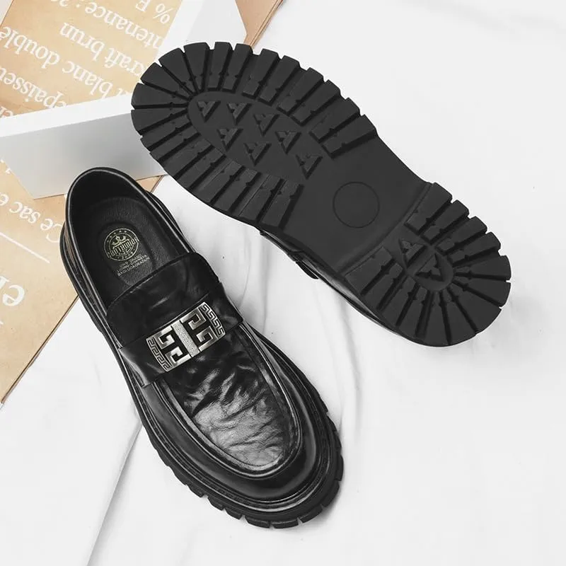 Men's Leather Loafers with Medallion Detail Ornate Metal Embellishment on Vamp for Fraternity Events and Graduation Ceremonies