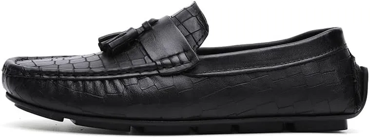 Mens Loafers Shoe Round Toe PU Leather Stone Pattern with Tassel Driving Loafers Lightweight Flat Heel Flexible Classic Walking Slip-ons