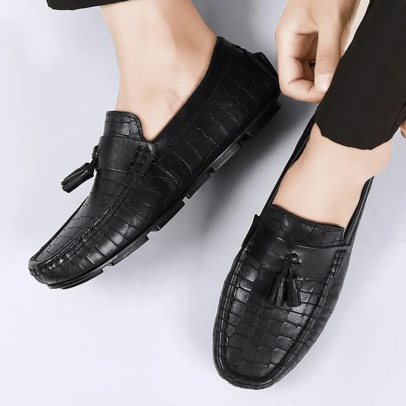 Mens Loafers Shoe Round Toe PU Leather Stone Pattern with Tassel Driving Loafers Lightweight Flat Heel Flexible Classic Walking Slip-ons