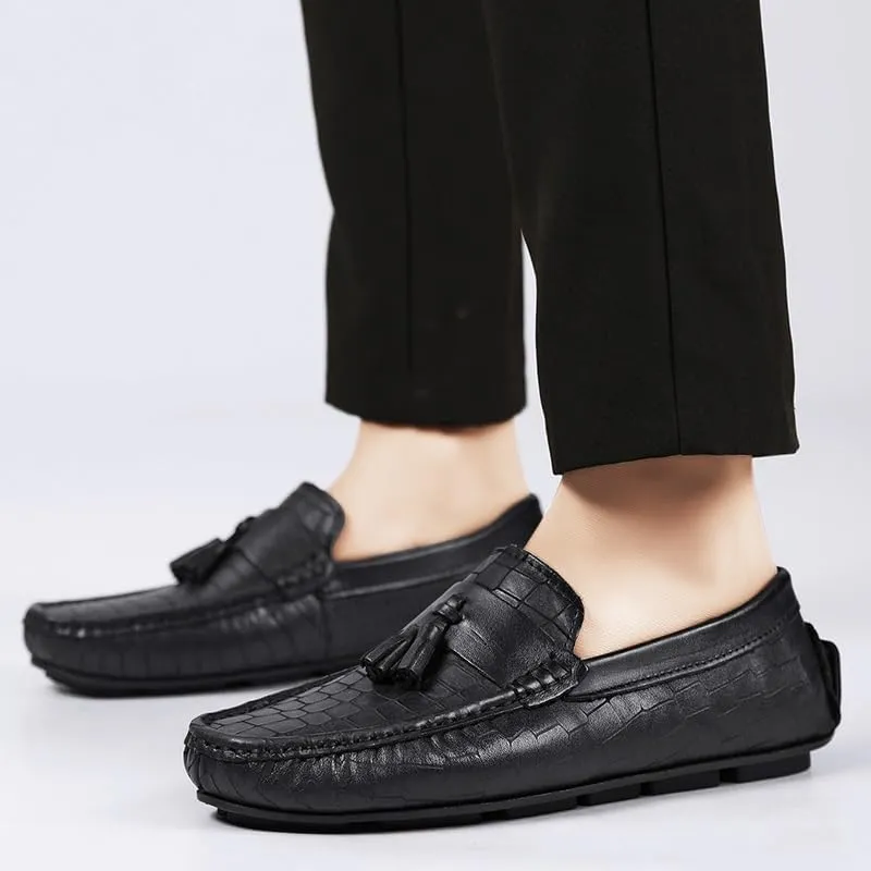 Mens Loafers Shoe Round Toe PU Leather Stone Pattern with Tassel Driving Loafers Lightweight Flat Heel Flexible Classic Walking Slip-ons