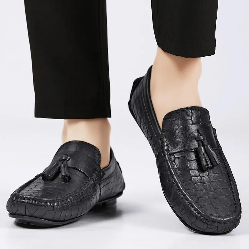 Mens Loafers Shoe Round Toe PU Leather Stone Pattern with Tassel Driving Loafers Lightweight Flat Heel Flexible Classic Walking Slip-ons