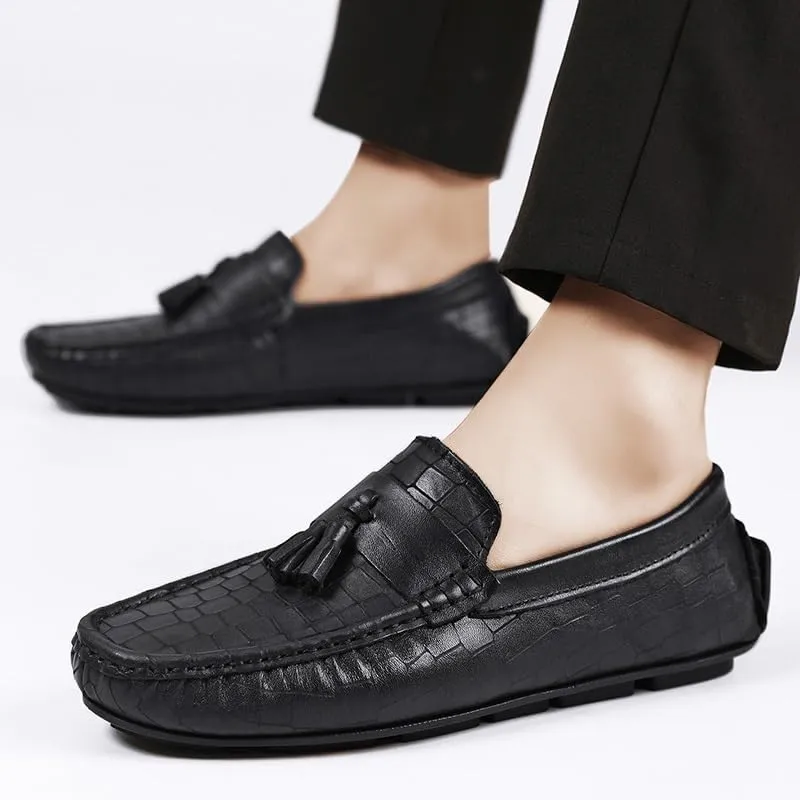 Mens Loafers Shoe Round Toe PU Leather Stone Pattern with Tassel Driving Loafers Lightweight Flat Heel Flexible Classic Walking Slip-ons