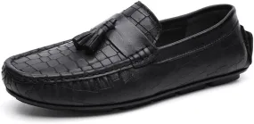 Mens Loafers Shoe Round Toe PU Leather Stone Pattern with Tassel Driving Loafers Lightweight Flat Heel Flexible Classic Walking Slip-ons